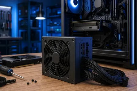 Black modular PSU with large fan and sleeved cables on a desk beside a screwdriver, screws, GPU, and open gaming PC tower. Black modular PSU with large fan and sleeved cables on a desk beside a screwdriver, screws, GPU, and open gaming PC tower.