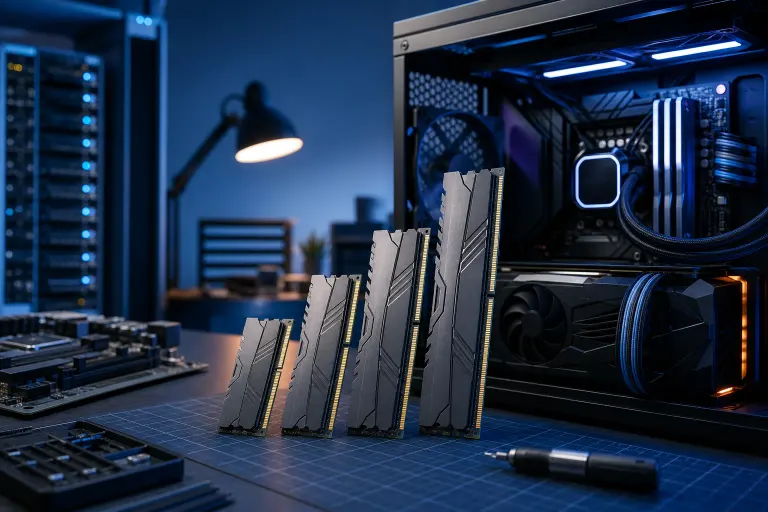 Four DDR RAM sticks with heatspreaders arranged by height on a desk beside an open gaming PC case with blue RGB lighting Four DDR RAM sticks with heatspreaders arranged by height on a desk beside an open gaming PC case with blue RGB lighting