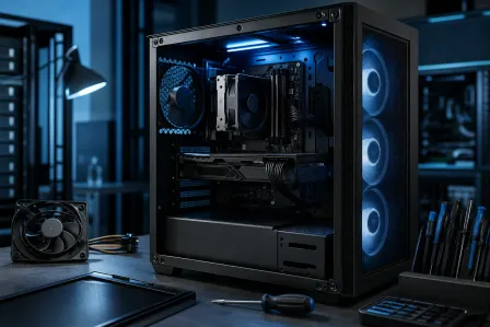 Open black ATX PC tower with blue RGB fans, GPU, and CPU cooler visible, on a workbench with screwdrivers and spare fan. Open black ATX PC tower with blue RGB fans, GPU, and CPU cooler visible, on a workbench with screwdrivers and spare fan.