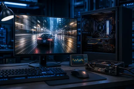 Gaming PC setup with open tower, monitor showing racing game, mechanical keyboard, mouse, and oscilloscope on dark desk Gaming PC setup with open tower, monitor showing racing game, mechanical keyboard, mouse, and oscilloscope on dark desk