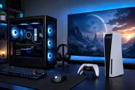 Gaming PC with RGB fans beside a PS5 console, DualSense controller, headset, keyboard, and mouse on a dark desk. Gaming PC with RGB fans beside a PS5 console, DualSense controller, headset, keyboard, and mouse on a dark desk.