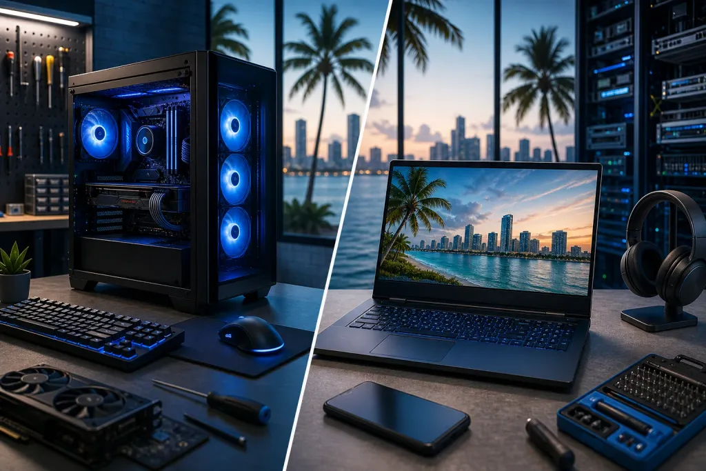 Split image: RGB gaming PC tower with blue fans on left desk; laptop showing Miami skyline on right desk with headphones Split image: RGB gaming PC tower with blue fans on left desk; laptop showing Miami skyline on right desk with headphones