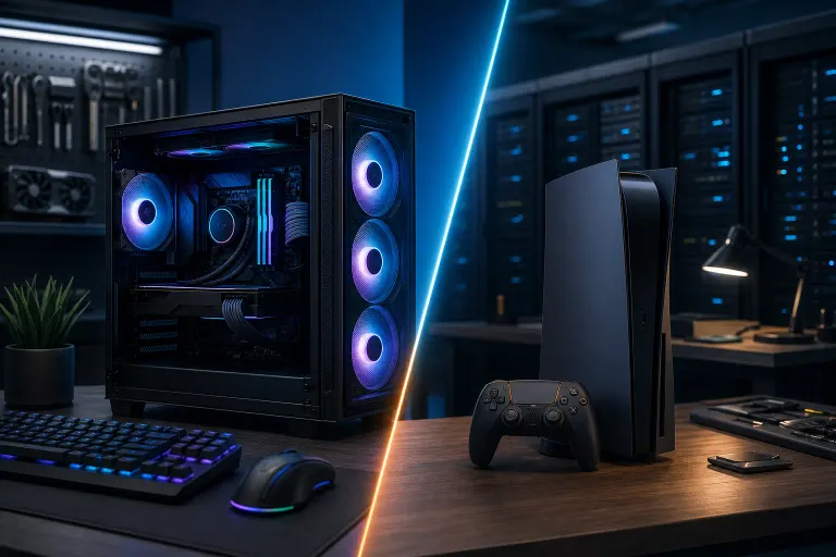 Split-scene: RGB gaming PC with glass panel and keyboard/mouse vs. black PS5 console with DualSense controller on a desk. Split-scene: RGB gaming PC with glass panel and keyboard/mouse vs. black PS5 console with DualSense controller on a desk.