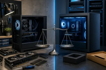 A balance scale between a DIY PC build with loose components and a sleek prebuilt RGB gaming PC on a dark workbench.