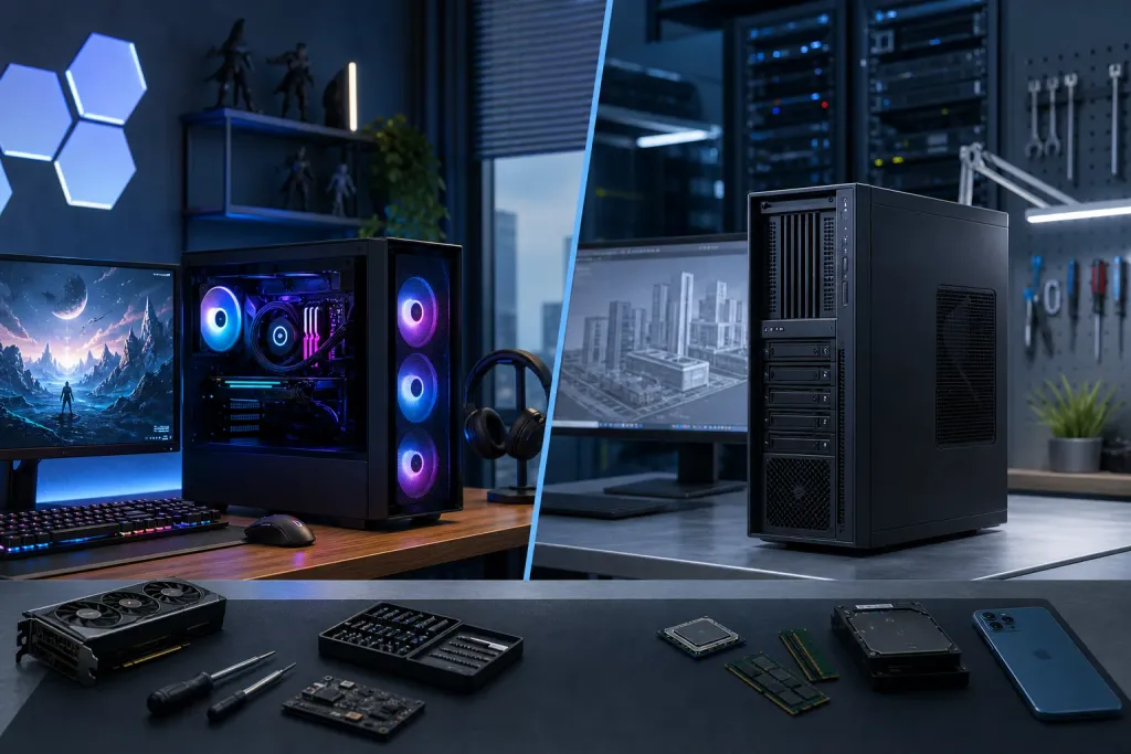 Split image: RGB gaming PC setup on left vs. black workstation tower in professional environment on right, PC parts below. Split image: RGB gaming PC setup on left vs. black workstation tower in professional environment on right, PC parts below.
