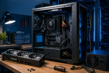 Open gaming PC case beside a large graphics card, power supply, cables, and screwdriver on a workbench.