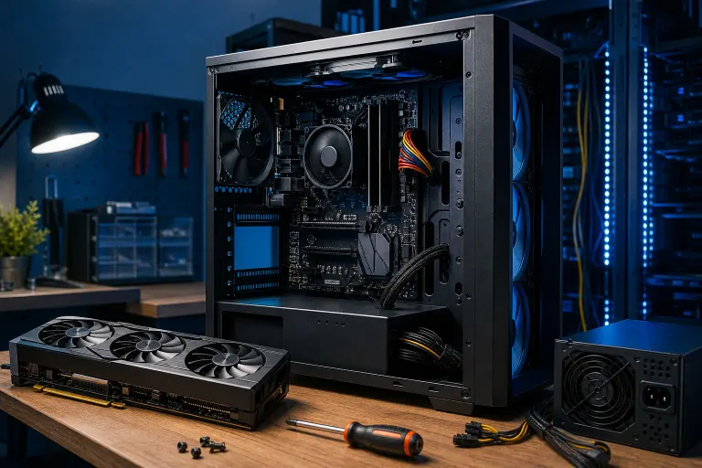 Open gaming PC case beside a large graphics card, power supply, cables, and screwdriver on a workbench. Open gaming PC case beside a large graphics card, power supply, cables, and screwdriver on a workbench.