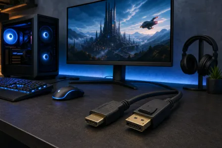 HDMI and DisplayPort cable connectors on a gaming desk with a monitor, RGB PC, keyboard, mouse, and headset. HDMI and DisplayPort cable connectors on a gaming desk with a monitor, RGB PC, keyboard, mouse, and headset.