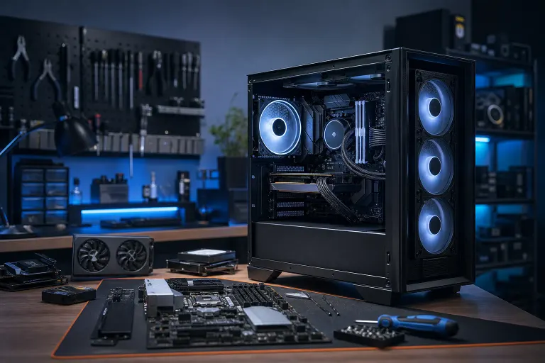 Black ATX PC case with blue RGB fans beside loose motherboard, GPU, and components on a desk in a dimly lit workshop. Black ATX PC case with blue RGB fans beside loose motherboard, GPU, and components on a desk in a dimly lit workshop.