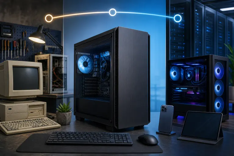 Three-era PC evolution: vintage beige desktop left, modern mid-tower center, RGB gaming PC and server rack right, with timeline arc. Three-era PC evolution: vintage beige desktop left, modern mid-tower center, RGB gaming PC and server rack right, with timeline arc.