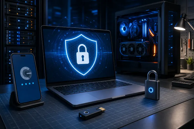 Dark desk with laptop showing glowing shield-lock icon, smartphone with auth screen, USB security key, and smart padlock. Dark desk with laptop showing glowing shield-lock icon, smartphone with auth screen, USB security key, and smart padlock.