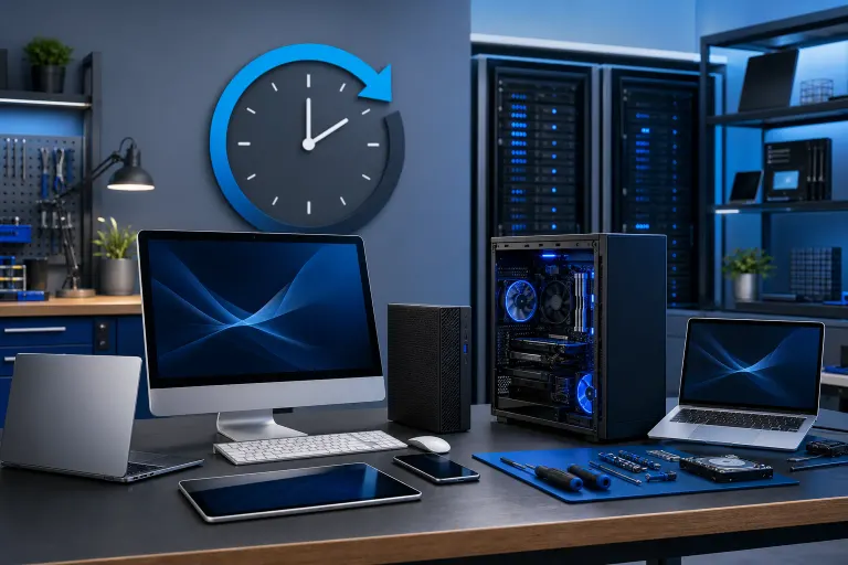 Tech workbench with iMac, laptops, tablet, phone, open PC tower with blue LEDs, tools, and a clock with refresh arrow on wall. Tech workbench with iMac, laptops, tablet, phone, open PC tower with blue LEDs, tools, and a clock with refresh arrow on wall.