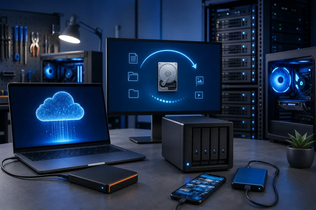 Desk with laptop showing cloud icon, monitor showing HDD backup diagram, NAS device, external drives, phone, and server rack. Desk with laptop showing cloud icon, monitor showing HDD backup diagram, NAS device, external drives, phone, and server rack.