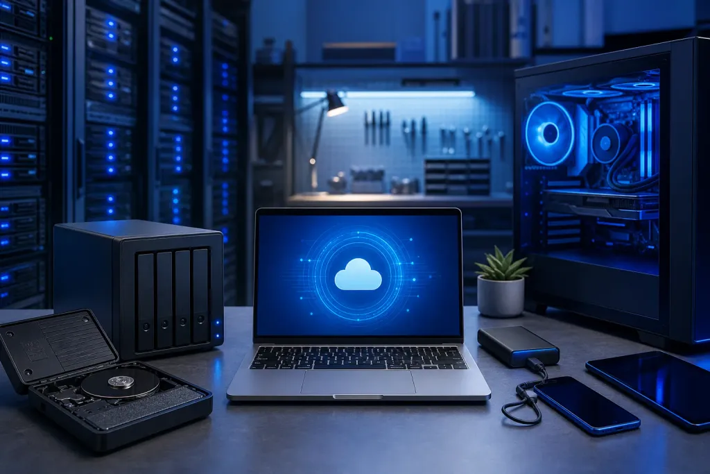 Dark tech workspace with laptop showing cloud icon, NAS device, external HDD, desktop PC, tablet, and server racks in background. Dark tech workspace with laptop showing cloud icon, NAS device, external HDD, desktop PC, tablet, and server racks in background.