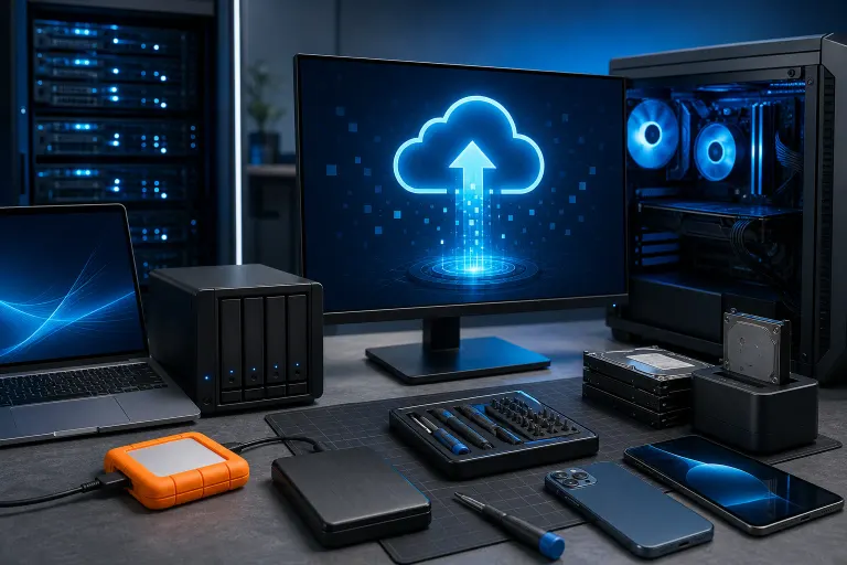 Desk with monitor showing cloud-upload icon, NAS drive, laptop, hard drives, rugged external drive, tools, and open PC tower. Desk with monitor showing cloud-upload icon, NAS drive, laptop, hard drives, rugged external drive, tools, and open PC tower.