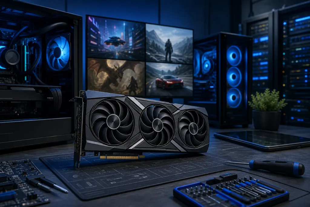 Triple-fan GPU on a workmat surrounded by tools, gaming PCs with blue RGB lighting, and a monitor showing game scenes. Triple-fan GPU on a workmat surrounded by tools, gaming PCs with blue RGB lighting, and a monitor showing game scenes.