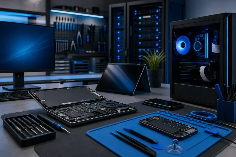 Professional tech repair workbench with disassembled laptop, smartphone parts, screwdrivers, blue tools, and a glowing PC tower. Professional tech repair workbench with disassembled laptop, smartphone parts, screwdrivers, blue tools, and a glowing PC tower.