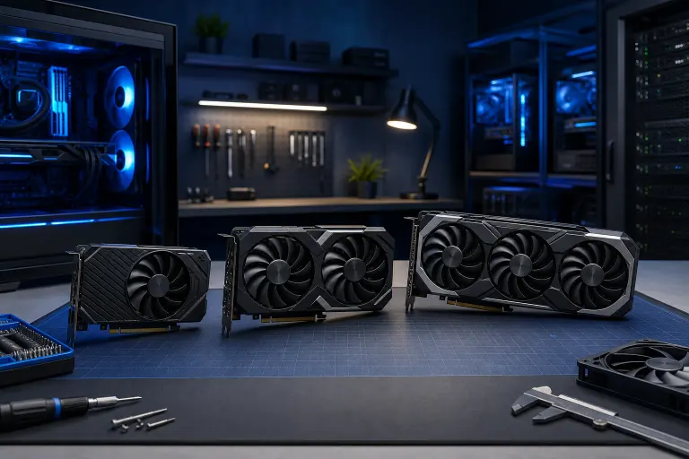 Three GPU graphics cards of increasing size displayed on a dark workmat in a tech workshop with blue LED lighting and tools nearby. Three GPU graphics cards of increasing size displayed on a dark workmat in a tech workshop with blue LED lighting and tools nearby.