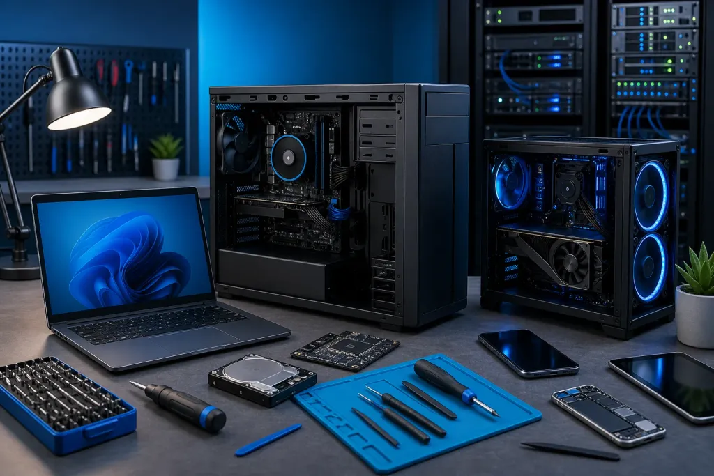 Tech workbench with two open PC towers, laptop showing Windows 11, hard drive, circuit board, repair tools, and smartphones. Tech workbench with two open PC towers, laptop showing Windows 11, hard drive, circuit board, repair tools, and smartphones.