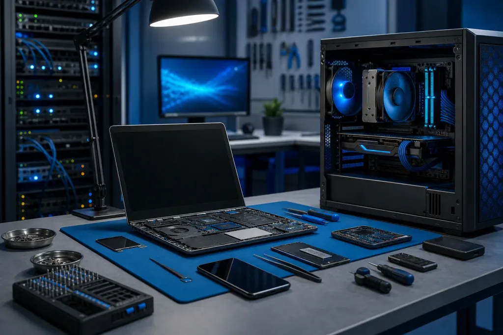 A tech workbench with an open laptop, disassembled PC tower with blue LED fans, tools, screws, and smartphones on a blue mat. A tech workbench with an open laptop, disassembled PC tower with blue LED fans, tools, screws, and smartphones on a blue mat.
