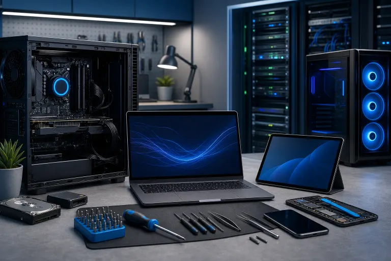 Tech workbench with open PC tower, laptop, tablet, disassembled phone, repair tools, and blue-lit server racks in background. Tech workbench with open PC tower, laptop, tablet, disassembled phone, repair tools, and blue-lit server racks in background.
