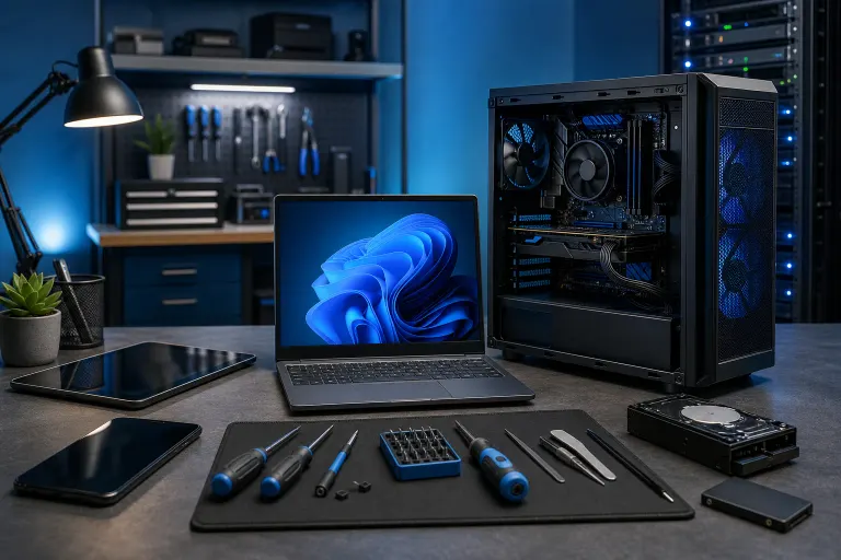 Tech workbench with open desktop PC, laptop showing Windows 11 wallpaper, repair tools, tablet, phone, and HDD on dark surface. Tech workbench with open desktop PC, laptop showing Windows 11 wallpaper, repair tools, tablet, phone, and HDD on dark surface.