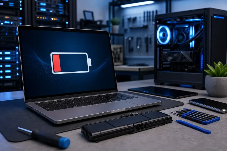 Laptop displaying low battery icon on screen, with a removed battery pack and screwdrivers on a tech workbench. Laptop displaying low battery icon on screen, with a removed battery pack and screwdrivers on a tech workbench.