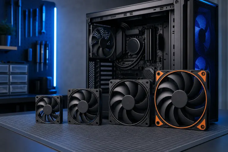 Four PC case fans of increasing sizes displayed on a mat beside an open ATX tower PC case with blue lighting. Four PC case fans of increasing sizes displayed on a mat beside an open ATX tower PC case with blue lighting.