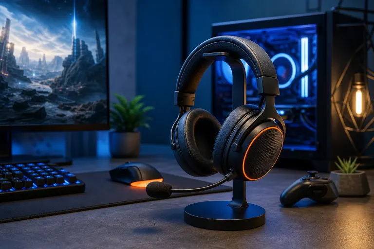 Black gaming headset with orange LED accents on a stand, beside a gaming monitor, keyboard, mouse, and PC with blue RGB lighting. Black gaming headset with orange LED accents on a stand, beside a gaming monitor, keyboard, mouse, and PC with blue RGB lighting.