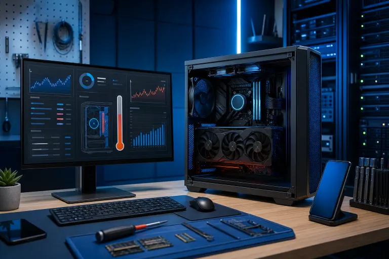 Open-side-panel gaming PC beside a monitor showing temperature dashboard with thermometer graphic, on a tech workbench Open-side-panel gaming PC beside a monitor showing temperature dashboard with thermometer graphic, on a tech workbench
