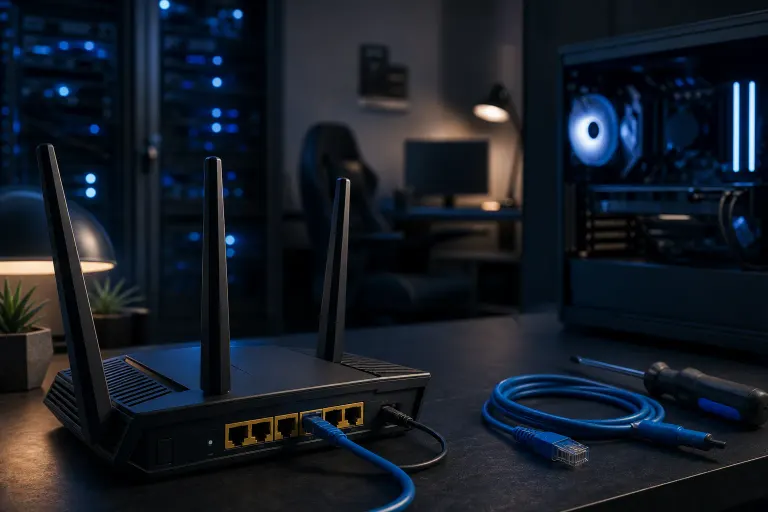 Black wireless router with 4 antennas and yellow ethernet ports, blue cables, gaming PC nearby in dark room Black wireless router with 4 antennas and yellow ethernet ports, blue cables, gaming PC nearby in dark room