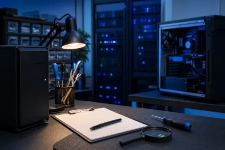 Dark tech lab desk with clipboard, pen, magnifying glass, screwdrivers, desk lamp, open PC case, and server racks in background. Dark tech lab desk with clipboard, pen, magnifying glass, screwdrivers, desk lamp, open PC case, and server racks in background.