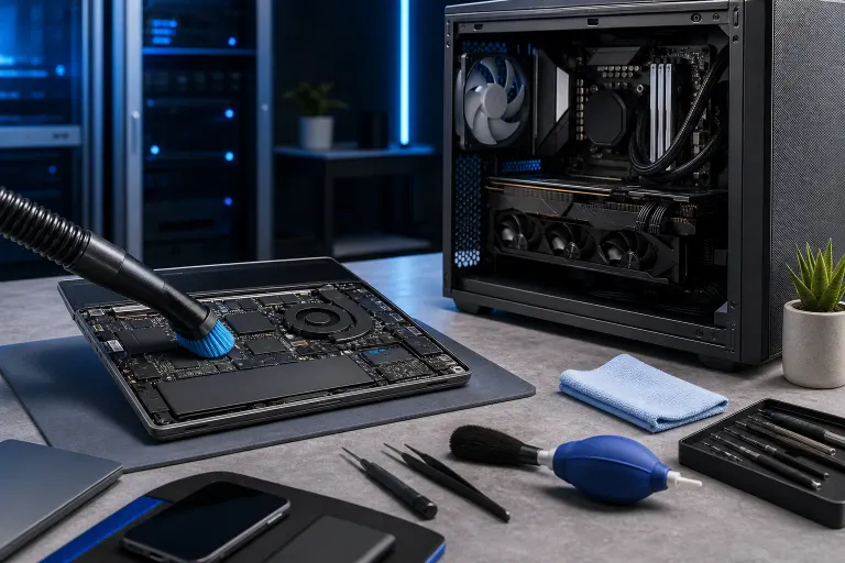 Open laptop motherboard being cleaned with brush vacuum on a workbench beside a PC tower, cleaning tools, and screwdrivers. Open laptop motherboard being cleaned with brush vacuum on a workbench beside a PC tower, cleaning tools, and screwdrivers.