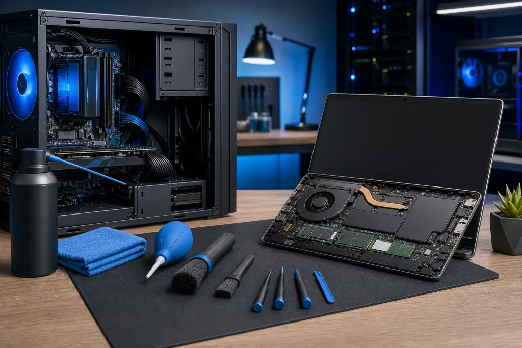 Open desktop PC and disassembled laptop on a mat with cleaning tools: air blower, brushes, microfiber cloth, and screwdrivers. Open desktop PC and disassembled laptop on a mat with cleaning tools: air blower, brushes, microfiber cloth, and screwdrivers.