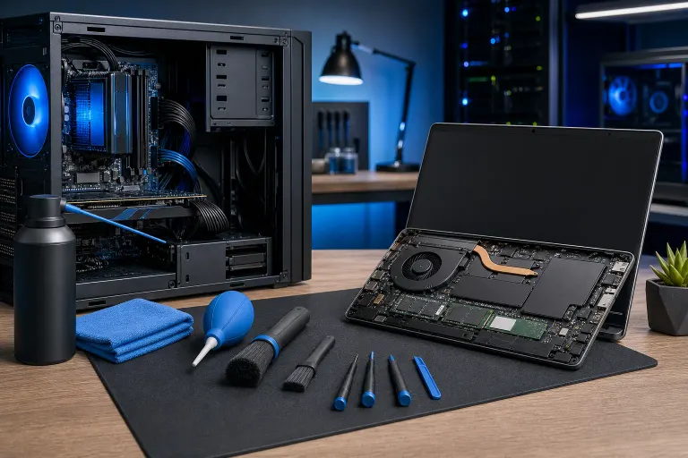 Open desktop PC and disassembled laptop on a mat with cleaning tools: air blower, brushes, microfiber cloth, and screwdrivers. Open desktop PC and disassembled laptop on a mat with cleaning tools: air blower, brushes, microfiber cloth, and screwdrivers.