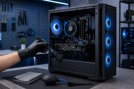 Gloved hand using a soft brush to clean inside an open gaming PC tower with blue RGB fans on a workbench. Gloved hand using a soft brush to clean inside an open gaming PC tower with blue RGB fans on a workbench.