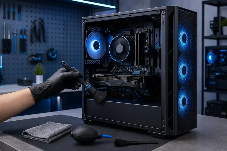 Gloved hand using a soft brush to clean inside an open gaming PC tower with blue RGB fans on a workbench. Gloved hand using a soft brush to clean inside an open gaming PC tower with blue RGB fans on a workbench.