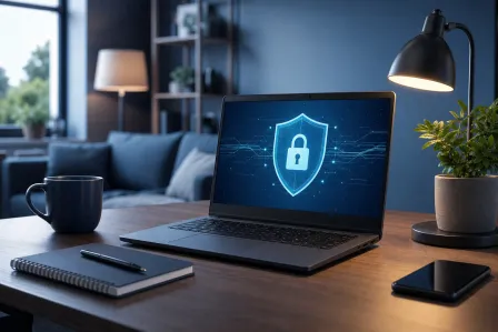 Laptop displaying a cybersecurity shield-lock icon on a desk with coffee mug, notebook, phone, and lamp in a home office. Laptop displaying a cybersecurity shield-lock icon on a desk with coffee mug, notebook, phone, and lamp in a home office.