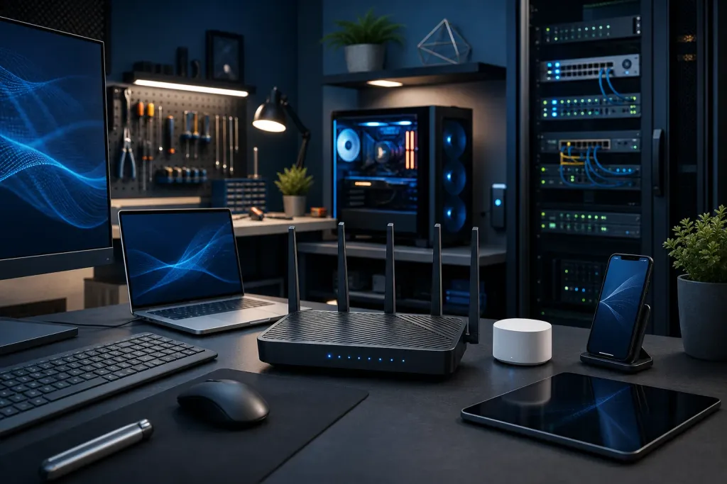 Dark home office desk with router, laptop, tablet, phone, PC tower, server rack, keyboard, mouse, and tools on pegboard. Dark home office desk with router, laptop, tablet, phone, PC tower, server rack, keyboard, mouse, and tools on pegboard.