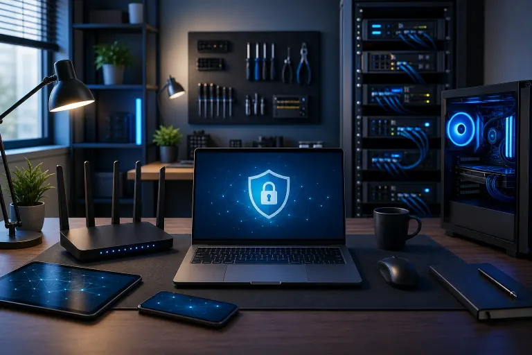 Dark home office desk with laptop showing security shield icon, router, tablet, phone, PC tower, and server rack in background. Dark home office desk with laptop showing security shield icon, router, tablet, phone, PC tower, and server rack in background.