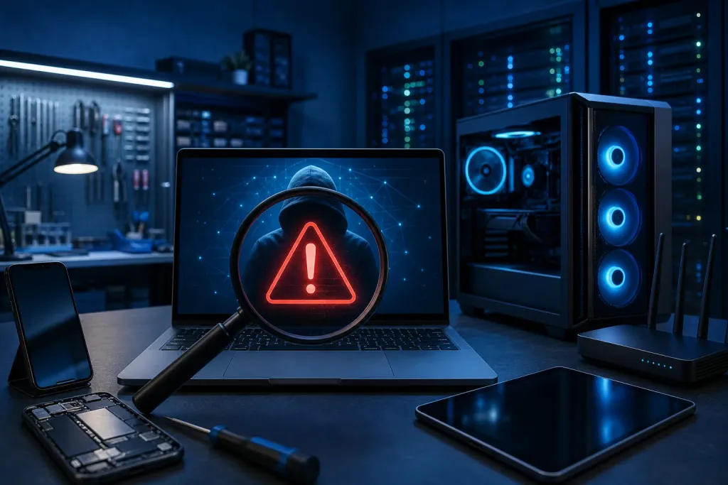 Dark tech workspace with laptop showing hooded figure and red warning triangle under magnifying glass, flanked by PC and devices. Dark tech workspace with laptop showing hooded figure and red warning triangle under magnifying glass, flanked by PC and devices.
