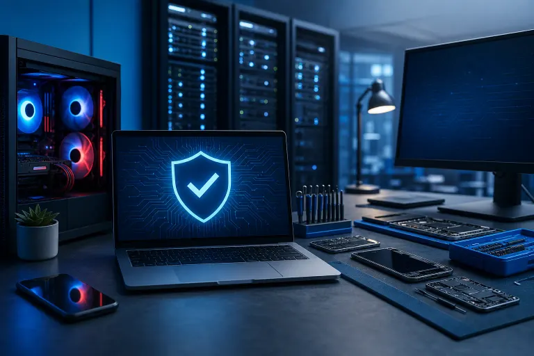 Laptop displaying a glowing security shield on a dark tech desk with PC tower, monitors, phones, and server racks in background. Laptop displaying a glowing security shield on a dark tech desk with PC tower, monitors, phones, and server racks in background.