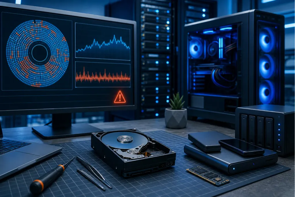 Open HDD on a desk with diagnostic monitor showing warning triangle, alongside tools, SSD, NAS, and glowing PC tower. Open HDD on a desk with diagnostic monitor showing warning triangle, alongside tools, SSD, NAS, and glowing PC tower.