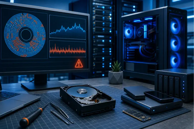 Open HDD on a desk with diagnostic monitor showing warning triangle, alongside tools, SSD, NAS, and glowing PC tower. Open HDD on a desk with diagnostic monitor showing warning triangle, alongside tools, SSD, NAS, and glowing PC tower.