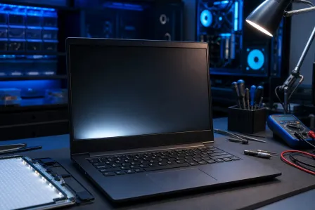 Open laptop with dark/blank screen on a repair workbench surrounded by screwdrivers, a multimeter, and blue-lit PC components. Open laptop with dark/blank screen on a repair workbench surrounded by screwdrivers, a multimeter, and blue-lit PC components.