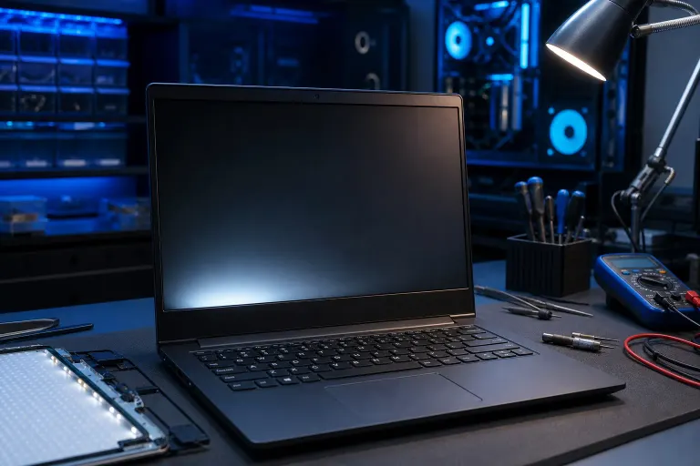 Open laptop with dark/blank screen on a repair workbench surrounded by screwdrivers, a multimeter, and blue-lit PC components. Open laptop with dark/blank screen on a repair workbench surrounded by screwdrivers, a multimeter, and blue-lit PC components.