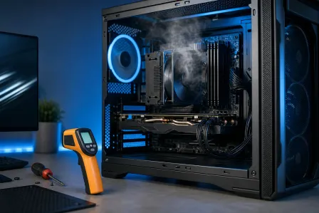 Open PC tower with smoke rising from CPU cooler, an infrared thermometer and screwdriver on desk, blue RGB lighting Open PC tower with smoke rising from CPU cooler, an infrared thermometer and screwdriver on desk, blue RGB lighting