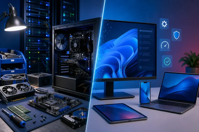 Split image: left shows PC components and open case; right shows monitor with Windows 11, laptop, tablet, phone, and system icons. Split image: left shows PC components and open case; right shows monitor with Windows 11, laptop, tablet, phone, and system icons.
