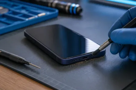 Gloved hand using a brush to clean debris from a smartphone's speaker grille on a repair workmat with tools nearby Gloved hand using a brush to clean debris from a smartphone's speaker grille on a repair workmat with tools nearby