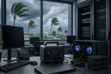 Office desk with portable power station, PC, server rack, and external drives; storm-battered palm trees visible through window. Office desk with portable power station, PC, server rack, and external drives; storm-battered palm trees visible through window.